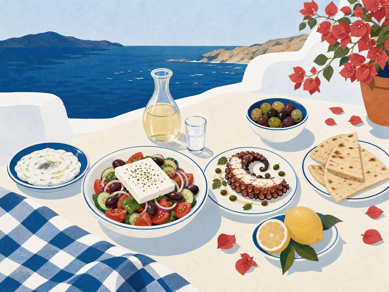 Ilustración de una mesa griega junto al mar con ensalada horiatiki, tzatziki, pulpo a la parrilla, pita, aceitunas y una jarra de vino